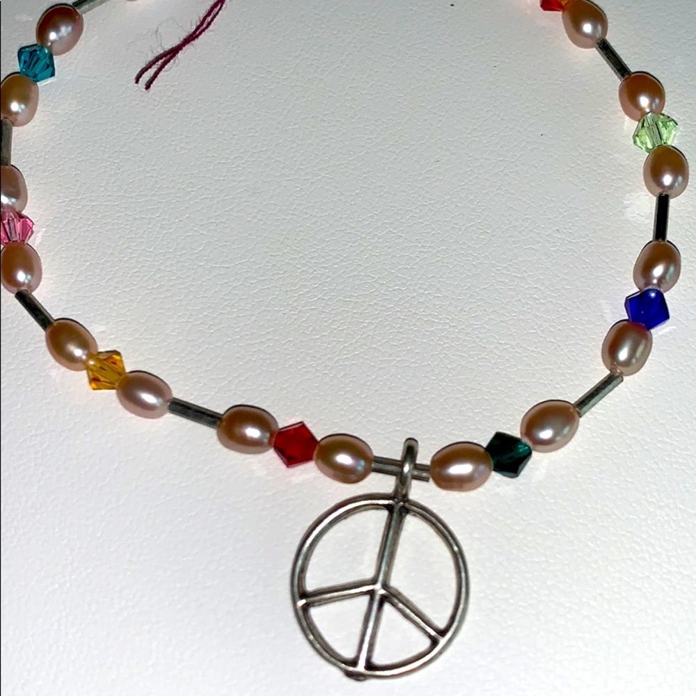 Sterling, crystals, freshwater pearls, peace sign